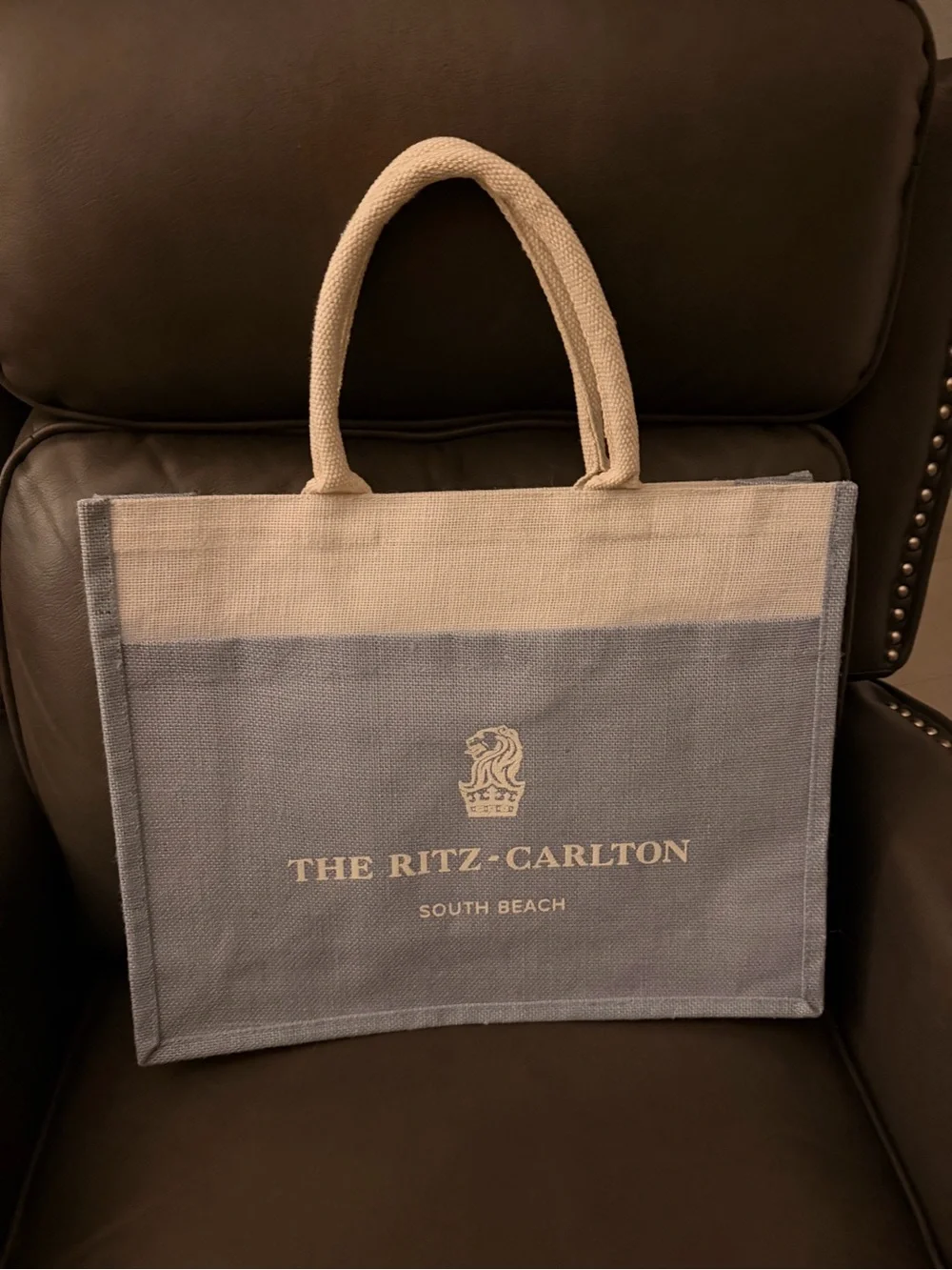 South Beach Ritz Carlton Linen Tote Bag in Lt Blue and Cream with front pocket